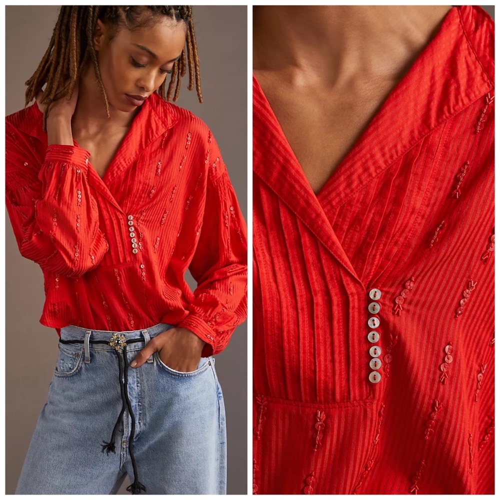 Pilcro for Anthropologie Red Pintucked Buttondown NWT Medium